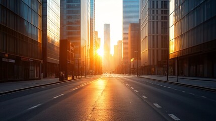 Sticker - Empty street between tall modern buildings with the sun shining in the distance.