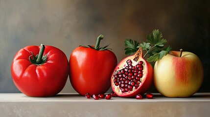 Wall Mural - A vibrant composition featuring fresh red fruits and vegetables, including tomatoes, apples, red peppers, and pomegranates. The rich red tones create a visually striking and appetizing arrangement, 