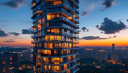 Wall Mural - Illuminated Modern High-Rise Apartment Building Against Tranquil Evening Sky and Urban Landscape