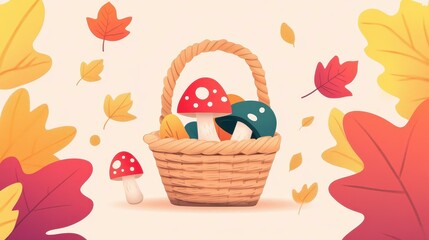 Poster - A charming vector art of mushrooms in a basket, nestled among colorful autumn leaves, perfect for fall themes.