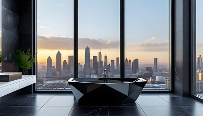 Wall Mural - Elegant modern bathroom with black geometric bathtub, white fixtures, and stunning panoramic city skyline view through expansive windows