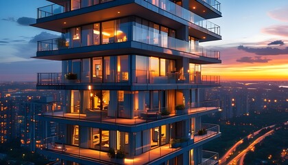 Wall Mural - Illuminated Modern High-Rise Apartment Building Against Tranquil Evening Sky and Urban Landscape