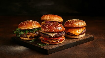 Indulge in Burger Day with artisan burgers crafted from fresh ingredients, beautifully presented on a rustic wooden board.