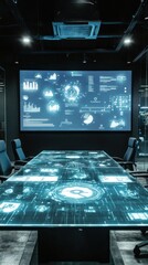 Poster - Futuristic conference room with digital display and data visualizations.