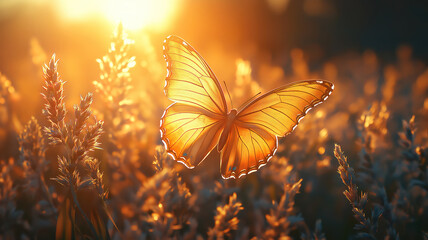 Poster - Charming Summer Meadow Scene Featuring a Golden Butterfly in the Rays of the Setting Sun