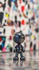 Sticker - A shiny, black figurine stands in front of a colorful abstract background.