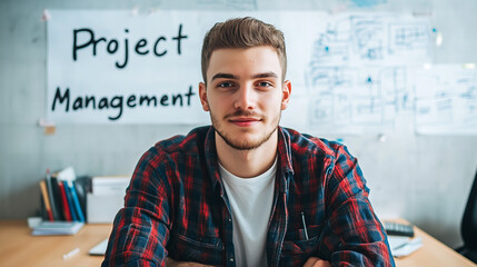 Young Caucasian male in casual attire, confidently smiling while seated at a desk in an office with a 'Project Management' poster in the background.