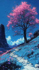 Wall Mural - A winding stone path leads through a field of flowers towards a pink-blooming tree.