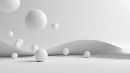 Minimalist 3D Design with Floating White Spheres