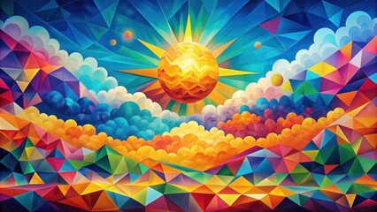 Vibrant abstract landscape with geometric shapes, sun, and clouds in bright colors, abstract, landscape, vibrant, colors