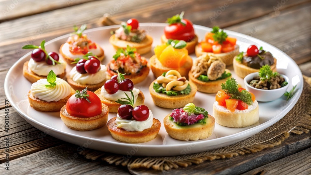 Plate of assorted mini appetizers displayed , Small bites, finger foods ...
