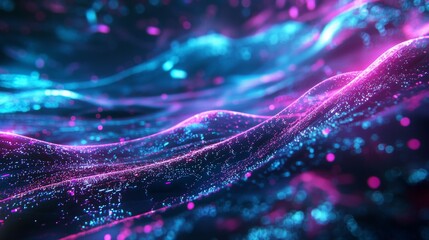 Wall Mural - Abstract Blue and Pink Neon Waves with Glowing Particles