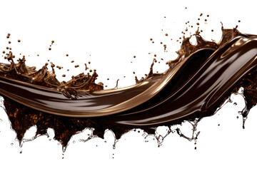 Wall Mural - Rich, dark chocolate splashing in a long, flowing wave pattern with droplets suspended isolate on white background.