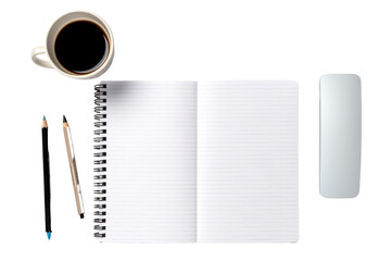 Overhead view of a student workspace with an open notebook, a laptop, isolated on white background