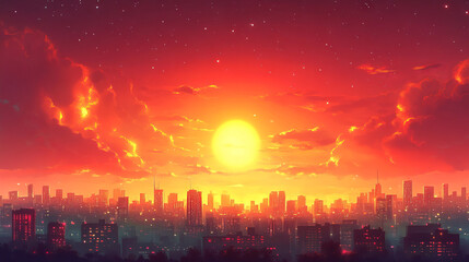 A vibrant sunset over a city skyline.