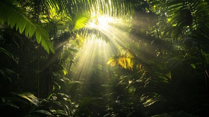 Sticker - Sunbeams filtering through the lush green leaves of a tropical rainforest.