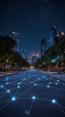 Poster - A futuristic cityscape at night with illuminated pathways and skyscrapers.