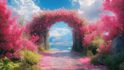 Wall Mural - chic floral archway leading to a serene, ethereal land of beauty and tranquility
