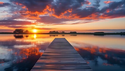 Serene wooden pier stretching over tranquil waters with a stunning sunset backdrop and picturesque landscape