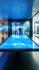 Wall Mural - A modern workspace featuring a digital display table with a blue interface.