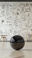 Sticker - A black sphere on a wooden floor in front of a wall covered with sketches and doodles.