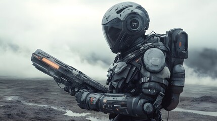 15. Sci-fi soldier in exoskeleton armor holding a futuristic weapon in a barren landscape