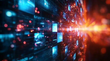 Abstract Digital Network with Glowing Squares and Data Streams