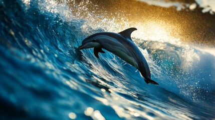 Wall Mural - a close-up of a wave with a dolphin leaping through the water, the animal's motion adding a sense of