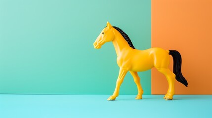 yellow toy horse with a black mane standing isolated on colorful background