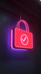 Poster - Neon sign of a red lock with a check mark, symbolizing security and verification.