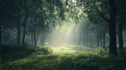 Canvas Print - A misty forest at dawn, with soft light gently breaking through the thick canopy