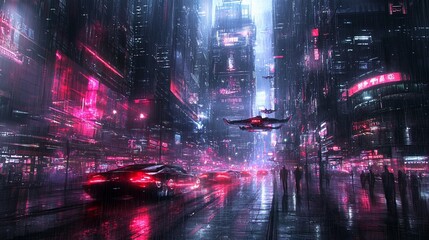 A futuristic cityscape with glowing neon signs and flying vehicles.