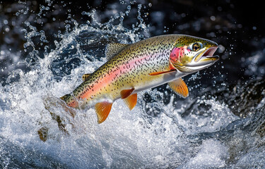 Wall Mural - a rainbow trout leaping out of the water, showcasing its vibrant colors and distinctive shape. The scene captures the action as it jumps from one body of water to another, with splashes