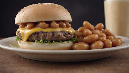 cheese burger with baked beans on a plate