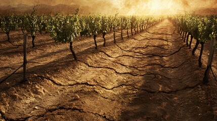 Sticker - Vineyard with cracked, dry soil under a  sunlit cloudy sky.