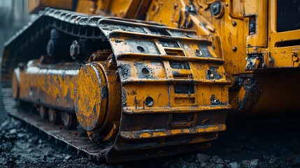 Close-up of a Worn Yellow Bulldozer Track