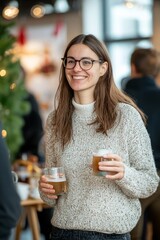 Wall Mural - A relaxed atmosphere with colleagues chatting and holding drinks, with a festive banner in the background, Generative AI