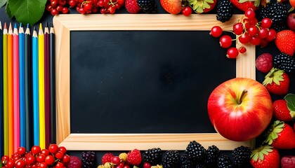 Colorful Back to School Supplies Border Featuring Fruits and Pencils on Black Chalkboard for Education and Healthy Living Themes