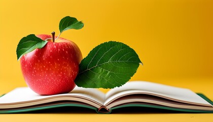 Wall Mural - Fresh Red Apple on Notebook Emphasizing Education and Healthy Lifestyle Against Vibrant Yellow Background