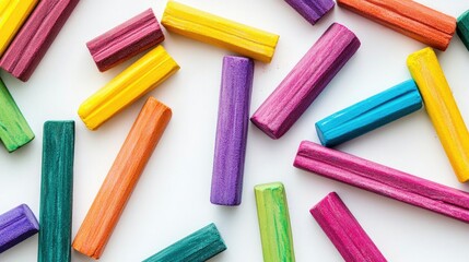 A collection of vibrant chalk sticks in different colors scattered randomly across a white background, creating a playful, artistic vibe.