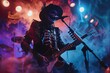 © Boontharika - Guitarist in skeleton costume performs on stage in vibrant lighting amidst smoky atmosphere, embodying a Halloween-themed rock concert.