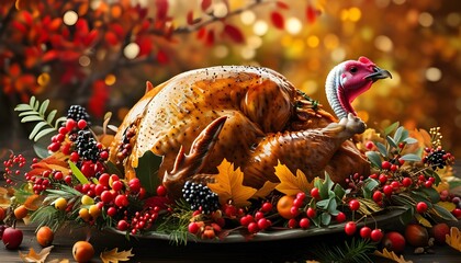 Wall Mural - Festive Thanksgiving Turkey Surrounded by Autumn Berries and Sparkling Golden Bokeh