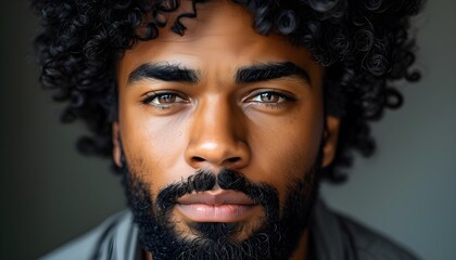 Wall Mural - Confident Afro man with curly hair and beard emanating strength and tranquility in a striking close-up headshot with natural light and a deep gaze