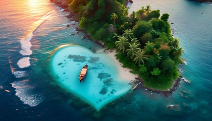 Wall Mural - Aerial Sunset View of Tropical Heart-Shaped Island Surrounded by Lush Greenery and Crystal Clear Waters, Perfect for Romantic Getaways and Scenic Adventures