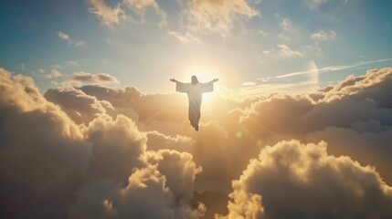 Surreal Human Silhouette Soaring Above Clouds at Sunset