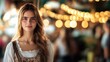 © SUCCESS HOLDINGS - A young woman with long, wavy hair dressed in traditional Oktoberfest attire standing in a warmly lit festive environment, with blurred lights in the background, evoking a celebratory mood