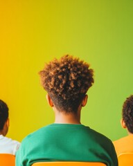 Poster - Group of Students Engaging in Classroom Discussion on Columbus Day Against Vibrant Green and Yellow Backdrop
