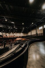 Wall Mural - Empty stadium with black seats and concrete floor, looking down at the stage.