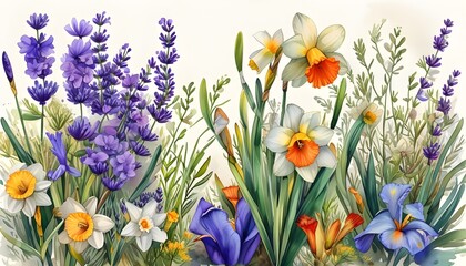 Wall Mural - Vibrant watercolor blooms featuring lavender, daffodils, irises, and other floral delights in a stunning composition