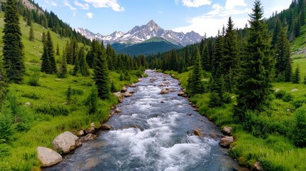 Wall Mural - Mountain Stream Flowing Through Lush Forest Landscape